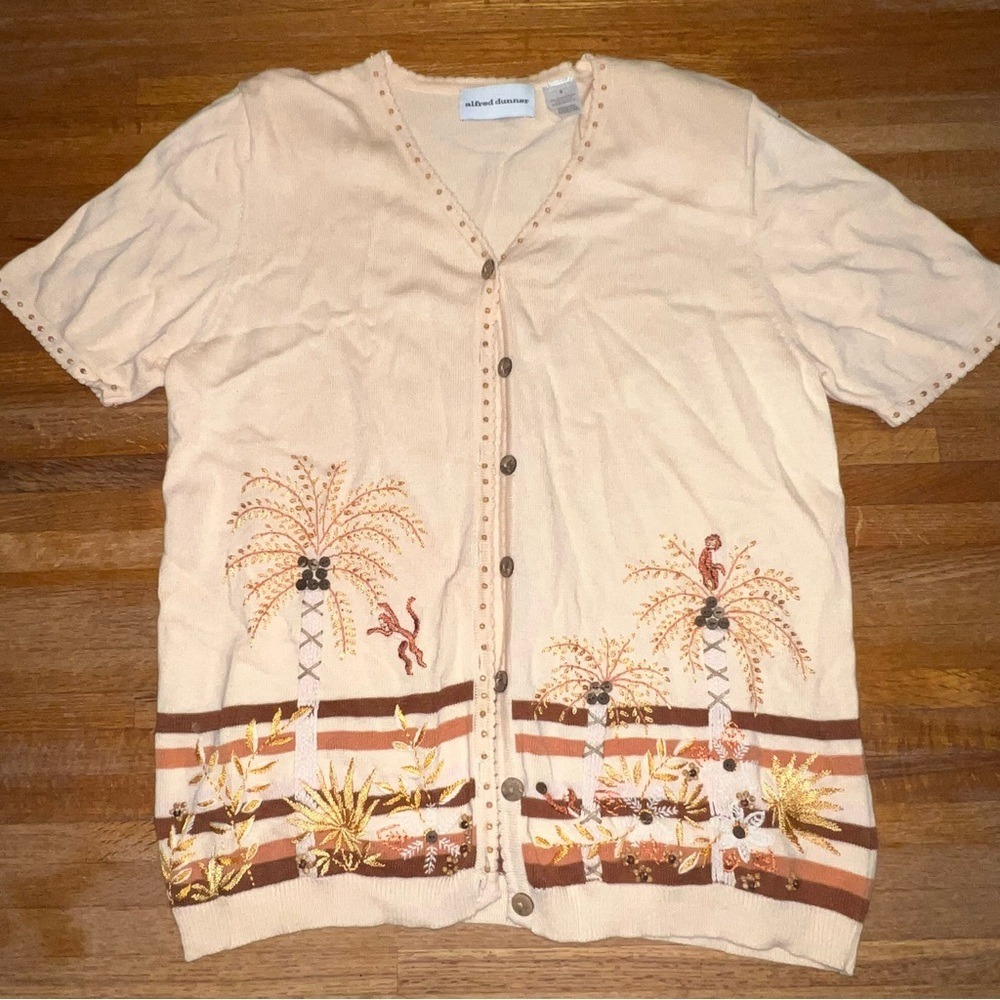 Alfred Dunner Small Cream Jungle Monkey Palm‎ Embroidered Wooden Button Cardigan